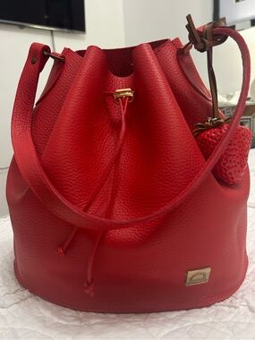 Handmade in Nicaragua Red Leather Drawstring Bucket Bag with Strawberry Charm